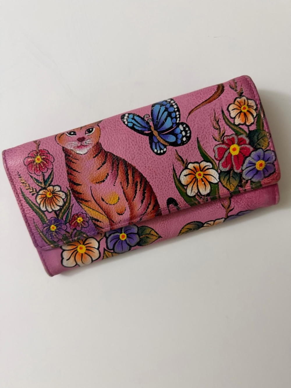 Cazoro Hand Painted Genuine Leather Flap Wallet Pink Tabby Cat Butterfly Floral